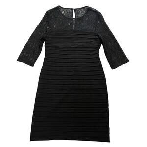 Adrianna Papell Black Shutter Pleated Dress - 3/4 Sleeve Lace Blend - Size 12